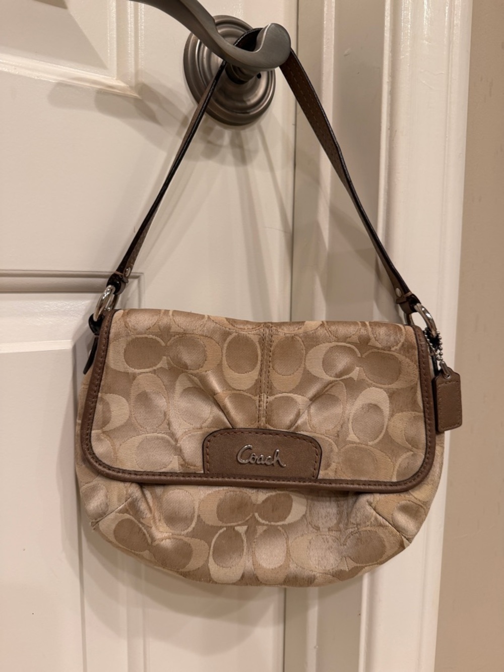 Coach Small Signature Canvas Shoulder Bag in Beige and Brown
